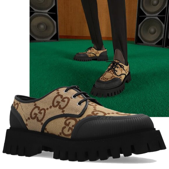 GUCCI SHOES MENS MAXI GG CANVAS LACE-UP LOAFERS w LUG SOLE - Picture 1 of 15